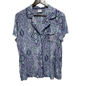 SOMA Sleep Top Womens L Blue Paisley Button Front Pajamas Loungewear PJ Lounge